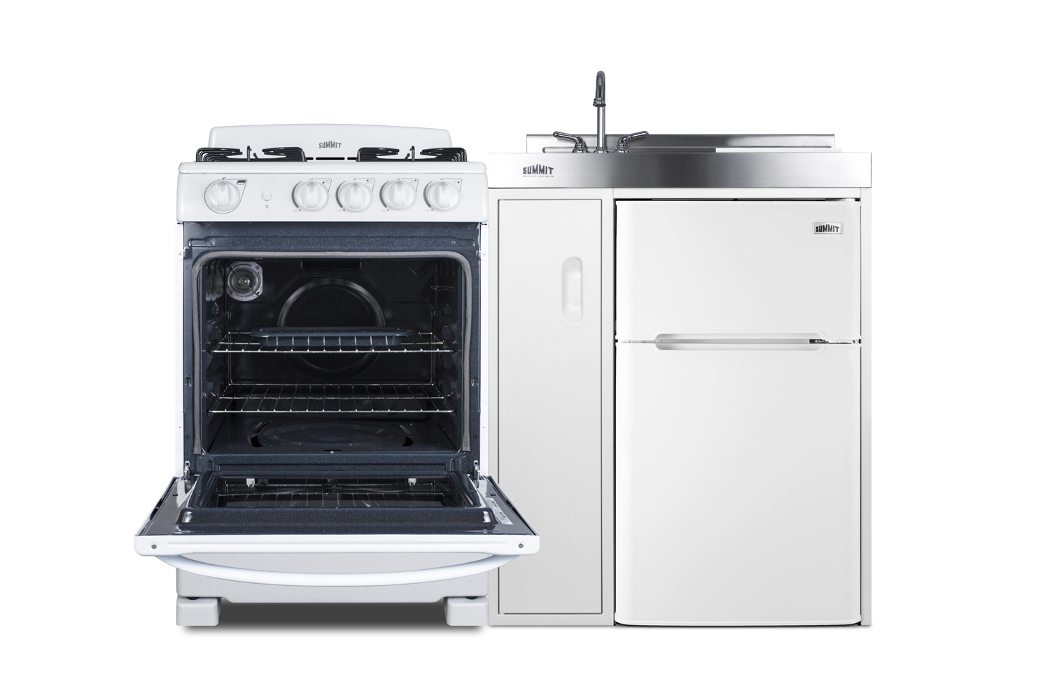 54 inch wide all-in-one kitchenette with 115V 4-burner gas range, refrigerator-freezer, sink, cutting board and cutlery storage, and a storage cabinet